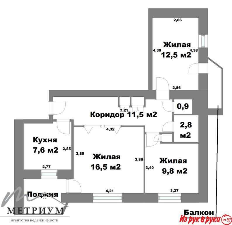 Общая площадь 62,9 кв.м (по СНБ 66,1 кв. м), жилая 39,2 кв. м/кухня 7,