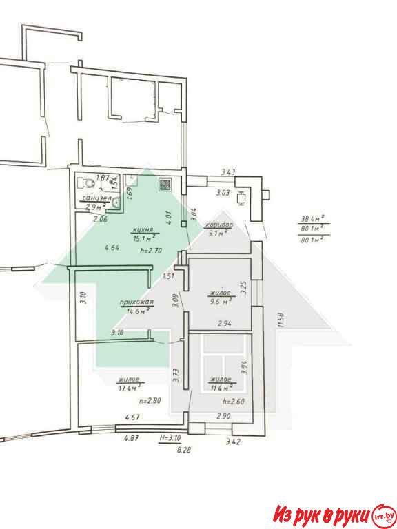 3-комн. квартира, 1/1, площадь: общая 80.1 кв.м., жилая 38.4 кв.м., ку
