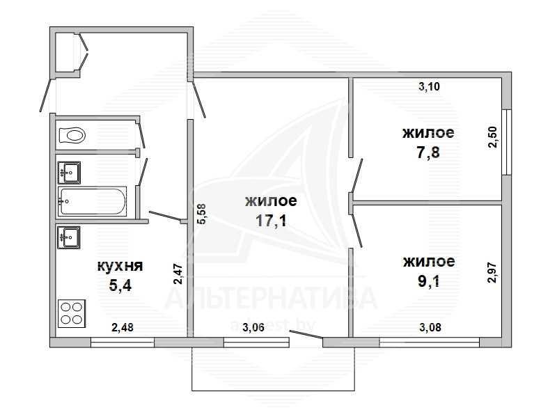 Продажа трехкомнатной квартиры в Бресте, ул. Янки Купалы