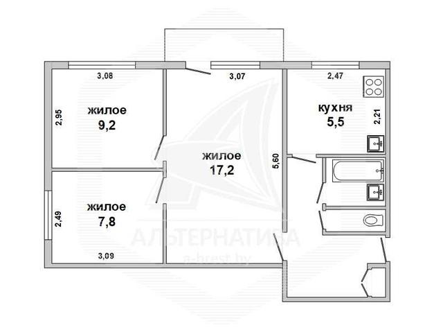 3-комнатная квартира, г. Брест, ул. Кривошеина, 1971 г.п., 2 / 5 панел