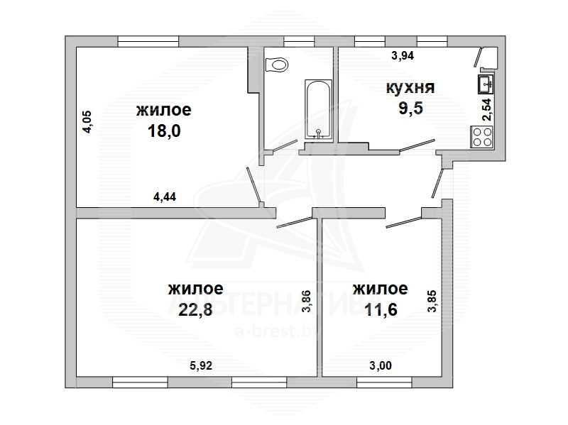 Продажа трехкомнатной квартиры в Бресте, ул. Жукова