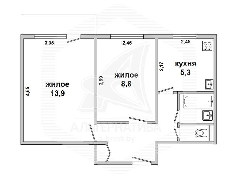 Продажа двухкомнатной квартиры в Бресте, ул. Кривошеина